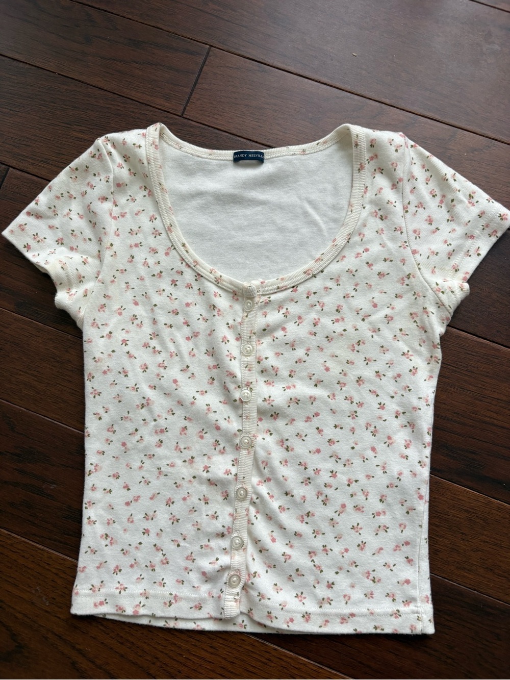 Brandy Melville Cream Tee with Pink Floral Button-Front
